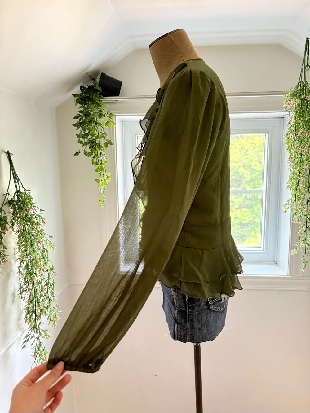 Olive Green Ruffle Blouse - Women Tops - Picture 3 of 6